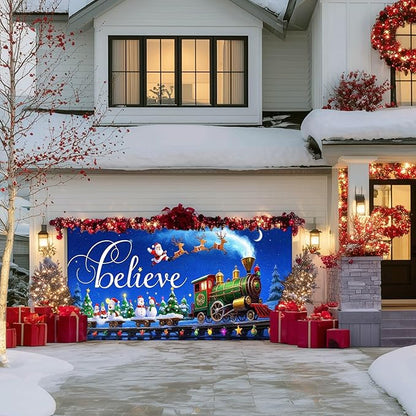 IVN Christmas Garage Door Cover Decoration 13x6ft Night Sky Train Sleigh and Stars Merry Christmas Garage Door Banner Home Door Front Yard Decor for Xmas Eve Holiday Outdoor