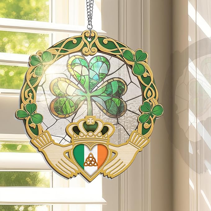 FLAGWIX St Patricks Day Decorations - Saint Patricks Day Decor Double Layered 6 inch Hanging Suncatcher - Irish Shamrock Celtic Cross Home Decoration, Gifts for Women Men, Gifts for Friends
