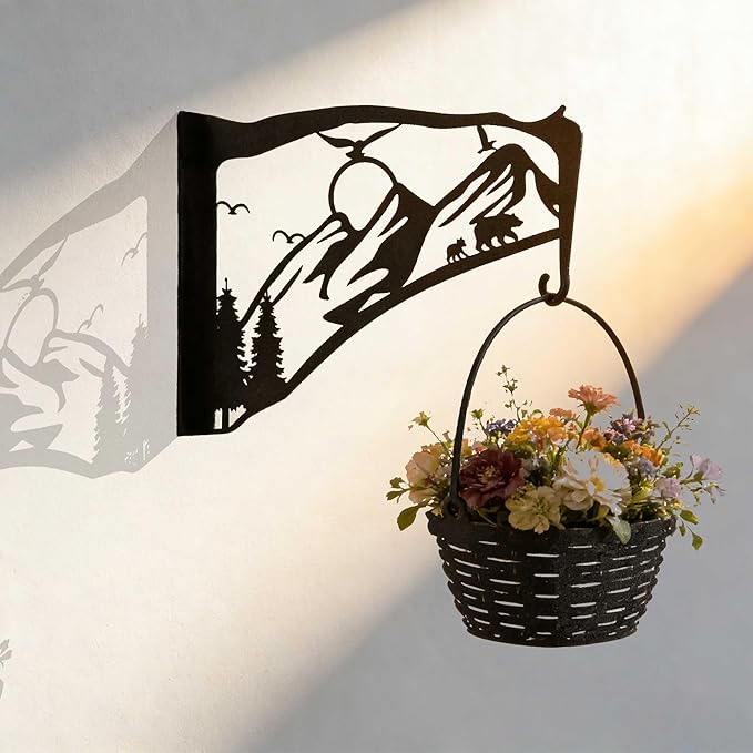 Black Metal Bird Feeder Wall Hanger Indoor Outdoor, Heavy Duty Hook Holder for Basket Plant Pot, Staghorn Fern, Bird Feeder and Wind Chime, Mountain Decor for Wall Window Patio Porch Garden
