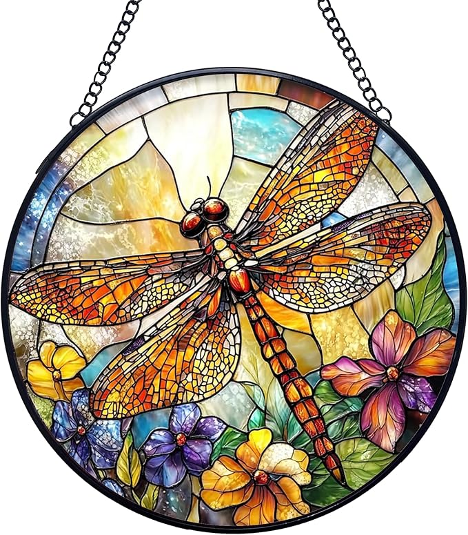 Dragonfly Flower Stained Glass Window Hanging Suncatchers, Dragonfly Sun Catchers Indoor Window Glass Wall Art Decor, Nature Insect Floral Wall Hanging Decorations Sculptures, 7.9x7.9in