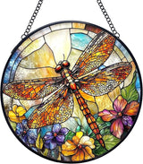 Dragonfly Flower Stained Glass Window Hanging Suncatchers, Dragonfly Sun Catchers Indoor Window Glass Wall Art Decor, Nature Insect Floral Wall Hanging Decorations Sculptures, 7.9x7.9in