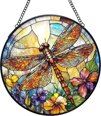 Dragonfly Flower Stained Glass Window Hanging Suncatchers, Dragonfly Sun Catchers Indoor Window Glass Wall Art Decor, Nature Insect Floral Wall Hanging Decorations Sculptures, 7.9x7.9in