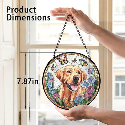 TNUW Labrador Retriever Flower Stained Glass Window Hanging, Labrador Retriever Gifts Sun Catchers Indoor Window Glass Round Wall Art Decor, Dog Sunflower Wall Hanging Decorations, 7.9＂x7.9＂