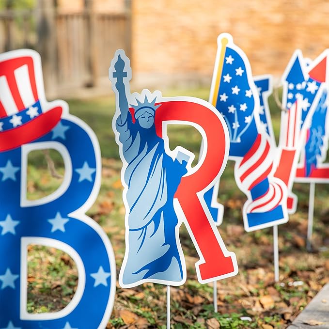 Glitzhome 43.2"H Metal Patriotic BRAVE Garden Yard Stake, Set of 5 American National Day Yard Sign Wall Decor for USA Patio Lawn Porch 4th of July Indoor Outdoor Decorations
