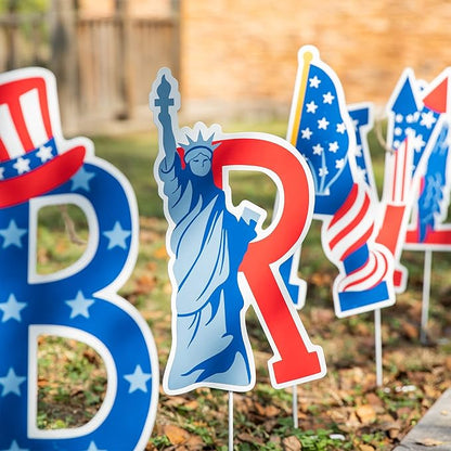Glitzhome 43.2"H Metal Patriotic BRAVE Garden Yard Stake, Set of 5 American National Day Yard Sign Wall Decor for USA Patio Lawn Porch 4th of July Indoor Outdoor Decorations