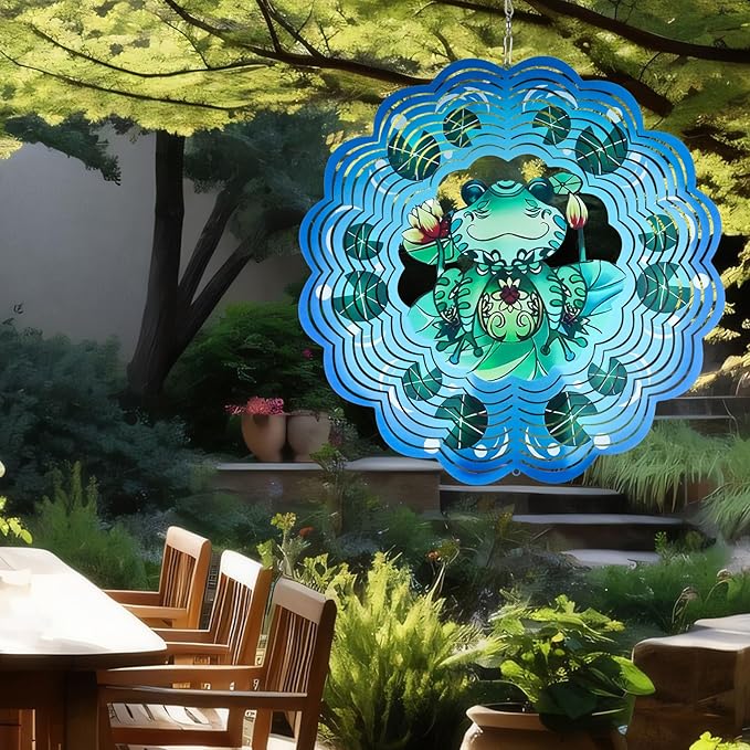Wind Spinner Mandala 12 inch 3D Stainless Steel Laser Cut Metal Art Geometric Pattern Hanging Wind Spinner (Green Frog)