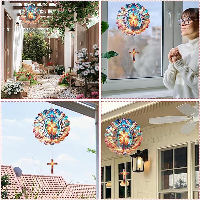 Rngmsi Cross Wind Spinners Outdoor - Cross 3D Metal Yard Wind Spinner Hanging Decor Kinetic Art Garden Porch Thanksgiving Day Gifts for Women Mom Grandma, (12 X 12 Inches)