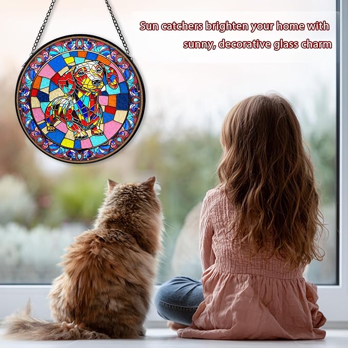 Dog Stained Glass Window Hanging, Suncatcher for Window Hanging, Sun Catchers Indoor Windows Wall Art for Mom Grandma, Gifts for Dog Lovers, Christmas Decor,for Home Garden Office 7.87