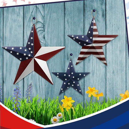 Funrous 3 Pcs Memorial Day Decorations Outdoor 12'' 8'' and 6'' Patriotic Metal Stars American Flag Stars 3D Wall Art Decor 4th of July Barn Star for Home Porch Yard