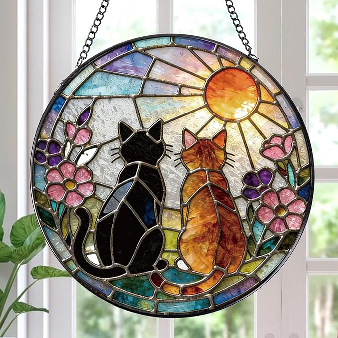 Rngmsi Stained Glass Window Hanging, 7.8″ Cat Sun Catchers with Hook Indoor Window Decor, Decorative Suncatchers Hanging Ornaments Home Garden Art Gift for Housewarming