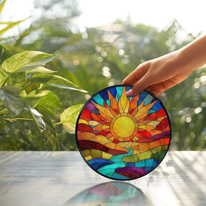 Sunshine Suncatcher Stained Glass Window Hanging, Nature Sunset Landscape Sun Catchers Indoor Window Glass Wall Art Decor, Sun Wall Hanging Decor Decorations, 7.9x7.9 Inch