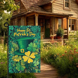 Happy St. Patrick's Day Shamrock Garden Flag Double Sided 12 x 18 Inch Green Hat with Clovers Decorative Garden Yard Flags for Home Decor