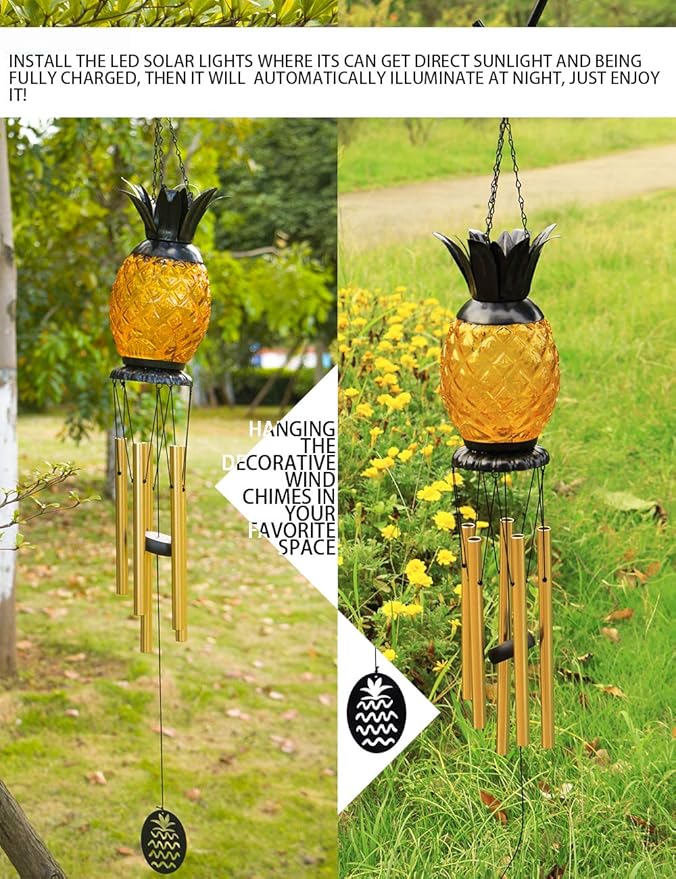 MUMTOP Solar Wind Chime Pineapple Solar LED Light Tropical Windchimes Decorative Hanging Wind Bell for Porch Patio and Garden Decor