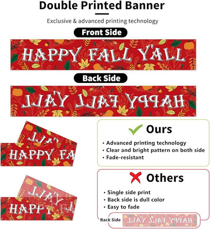 Probsin Happy Fall Banner 120"x 20" Decorations Outdoor Thanksgiving Decor Autumn Party Supplies Maple Leaves Happy Fall Y'all Holiday Harvest Welcome Hanging Backdrop for Garden Fence Yard Lawn Porch