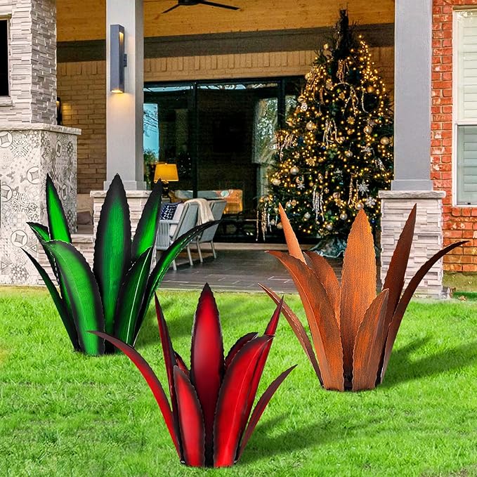 Metal Yard Art, Agave Plant Yard Decorations Outdoor Sculpture, Metal Flowers for Outside (Green)