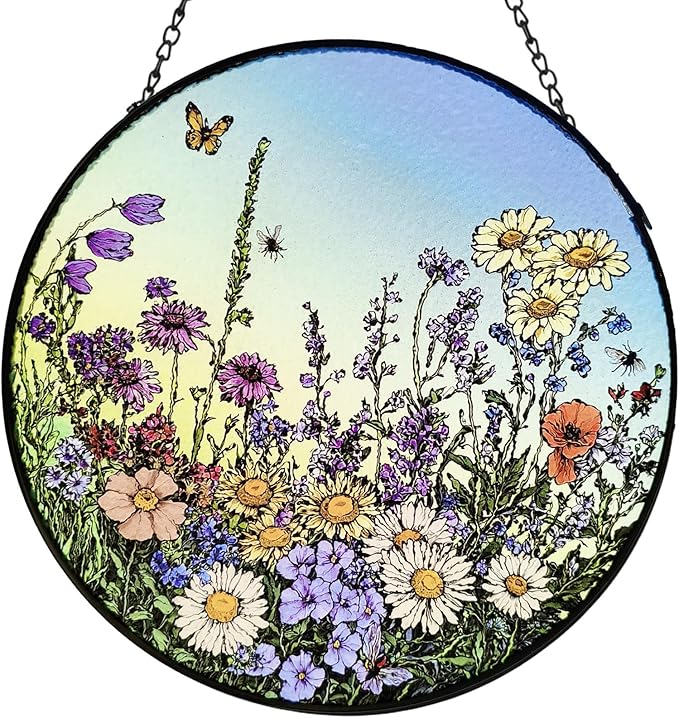 Stained Glass Window Hanging Suncatcher - 20cm Wildflower Meadow Sun Catchers for Windows Doors Home Decor - Nana Grandma Women Gifts for Mother's Day Birthday
