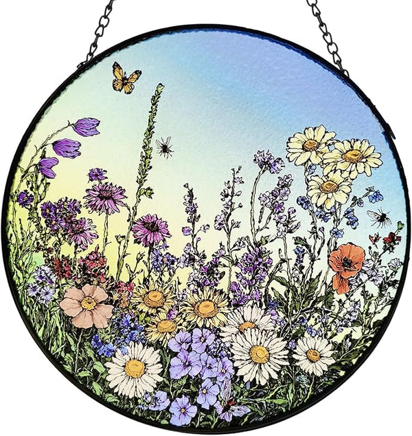 Stained Glass Window Hanging Suncatcher - 20cm Wildflower Meadow Sun Catchers for Windows Doors Home Decor - Nana Grandma Women Gifts for Mother's Day Birthday