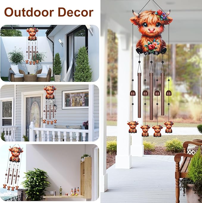 Gifts for Mom, Wind Chimes for Outside Perfect for Outdoor Gardens Patios Home Decor, Features Melodious Tones Create a Zen Atmosphere, Retirement Gifts for Women Men(Colorful Highland Cow