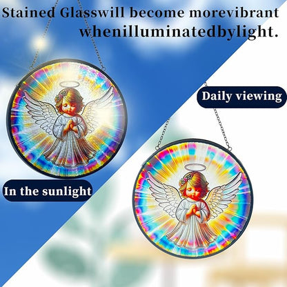 Praying Angel Decor Handmade Stained Glass Rainbow Maker Stained Glass Suncatchers W/Metal Chain - Spiritual Angelic Gift for Women Christmas Thanksgiving Housewarming Gifts