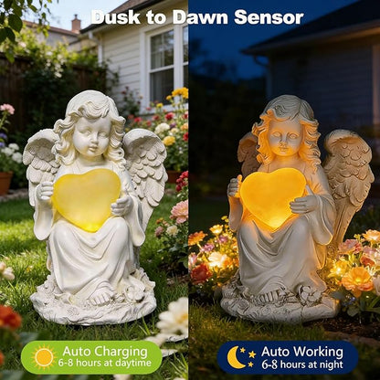 VEEKI Solar Angel Garden Statue Outdoor, Praying Angel Statues Solar Figurine Lights Outdoor Waterproof, Resin Angel Sculpture for Garden Yard Lawn Grave Cemetery Decor, Gift for Mom Grandma Women