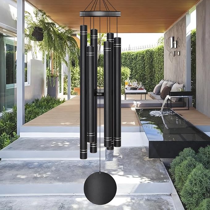Extra Large Wind Chimes for Outside Deep Tone - Engraved Lines of Aluminum Tubes, Total 50 in Black Deep Tone Wind Chimes, Memorial Sympathy Gifts, Soothing Wind Chime Outdoor Garden Decor