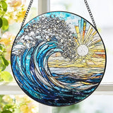 Stained Glass Window Hanging, 8 Inch Sea Wave Suncatcher, Sun Catchers Indoor Window, Ocean Suncatchers for Windows Hanging, Spring Home Garden Coastal Decor Panel, Beach Lover Gift for Women Mom Wife