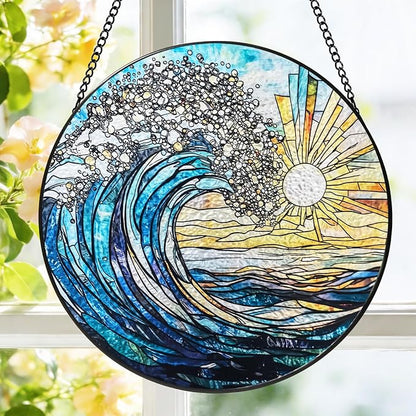 Stained Glass Window Hanging, 8 Inch Sea Wave Suncatcher, Sun Catchers Indoor Window, Ocean Suncatchers for Windows Hanging, Spring Home Garden Coastal Decor Panel, Beach Lover Gift for Women Mom Wife