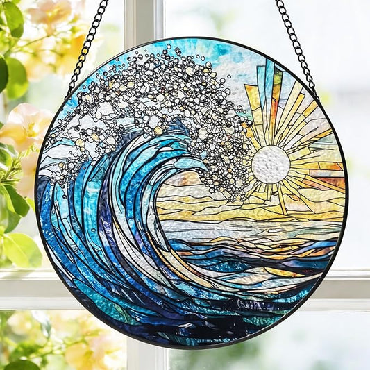 Stained Glass Window Hanging, 8 Inch Sea Wave Suncatcher, Sun Catchers Indoor Window, Ocean Suncatchers for Windows Hanging, Spring Home Garden Coastal Decor Panel, Beach Lover Gift for Women Mom Wife