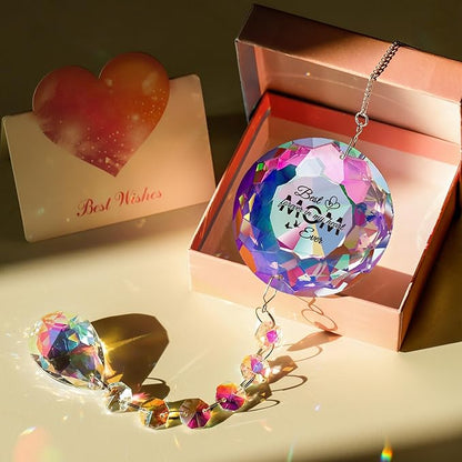 Best Mom Ever Crystal Suncatcher - K9 Crystal Rainbow Ornament with Engraved Message, 22 Inch Hanging Decor for Window Bedroom Garden, Perfect Christmas Birthday Gifts for Mom