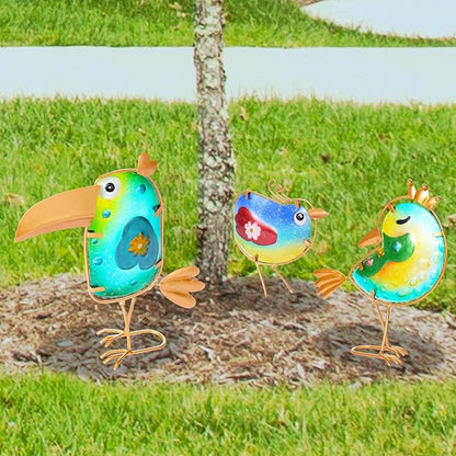 Stained Glass Bird Decor for Home, Metal Garden Decor for Outside, Spring Outdoor Art Decor for Garden, Patio, Porch and Front Yard, Home Blue Bird Figurines Decorations (3 PCS)