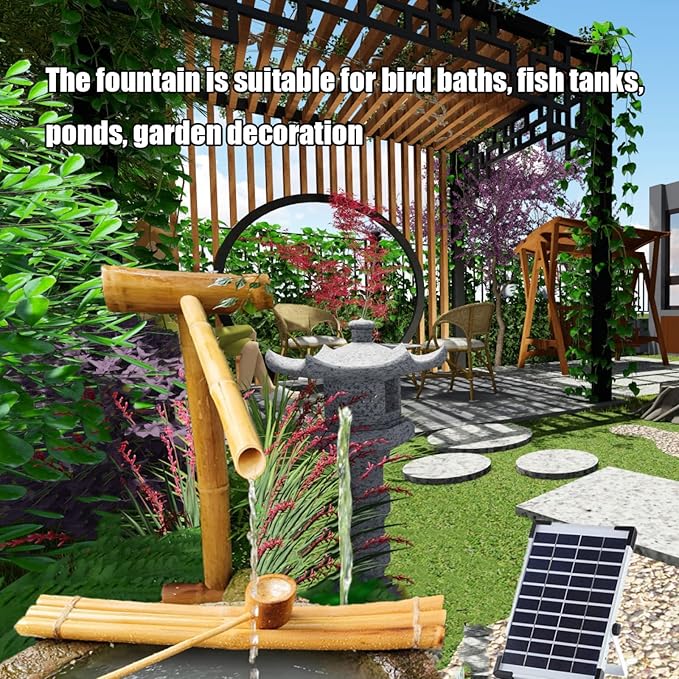 Bamboo Fountain Kit with Pump, Bird Bath Bamboo Fountain Solar Zen Garden Bamboo Fountain Bamboo Flowing Water Courtyard Decoration with Bamboo Raft and Spoon, for Fish Tank, Pond,70cm/27.5in (80cm/