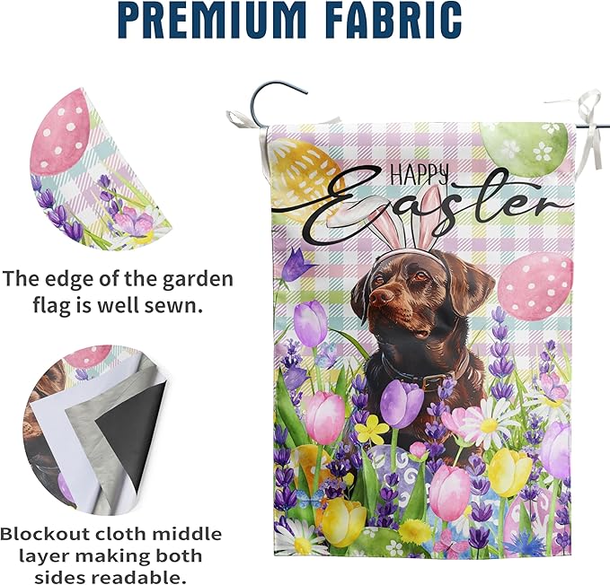 Happy Easter Labrador Dog Garden Flag Chocolate Lab Spring Flags Buffalo Plaid Bunny Eggs Yard Flag for Outside 12x18 Double Sided Small Decorative Floral Outdoor Flag