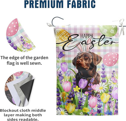 Happy Easter Labrador Dog Garden Flag Chocolate Lab Spring Flags Buffalo Plaid Bunny Eggs Yard Flag for Outside 12x18 Double Sided Small Decorative Floral Outdoor Flag