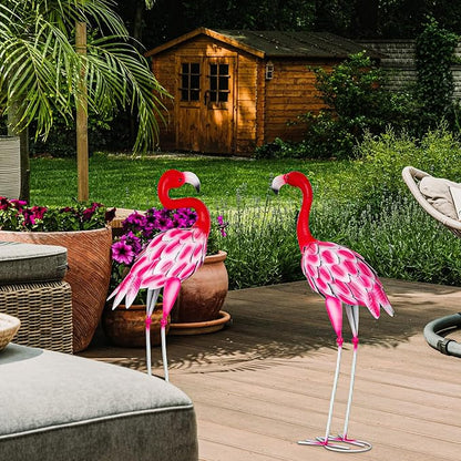 Set of 2 Metal Flamingo Garden Statues, Yard Flamingo Outdoor Decor for Lawn Patio Garden Backyard Display (Pink)