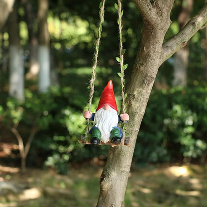 Garden Gnomes Outdoor Statue,Garden Gnome on Swing, Gnomes Decorations for Lawn Yard, Indoor and Outdoor Gnome Ornament for Christmas Tree Decor Halloween New Year. (Swing Gnome)