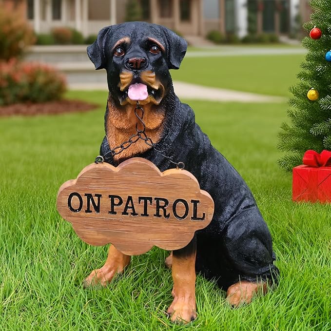 Rottweiler Front-Gate Sentinel with Solar Lantern & Double-Sided Sign, Sitting Black & Tan Statue for Drive, Portico, Lawn & Path