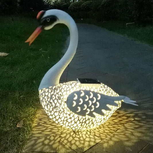 Large Swan Statue Garden Decor with Solar Powered Light, Hand-Painted Iron Art with Hollow Carved Design, Waterproof Outdoor Sculpture for Garden, Yard, Pond, Lawn and Pathway,Short