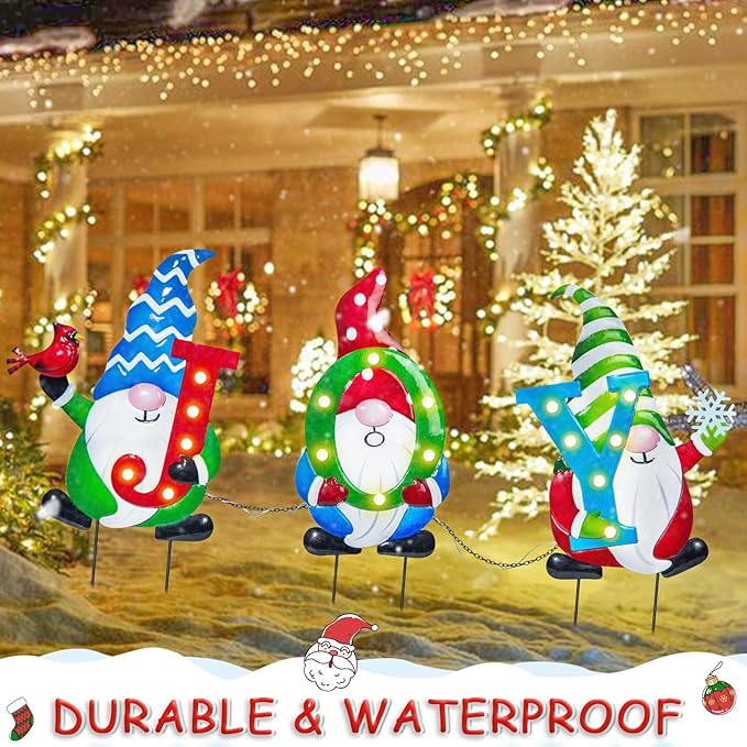 WONDER GARDEN Christmas Yard Stakes, 3 PCS Metal Yard Signs, Xmas Gnomes with Joy and Led Light Christmas Yard Decorations for Lawn Party Decorations