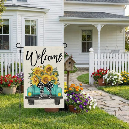 CROWNED BEAUTY Summer Garden Flag Sunflowers Truck 12x18 Inch Double Sided Small Burlap Welcome Holiday Seasonal Flag for Outside Yard Decoration