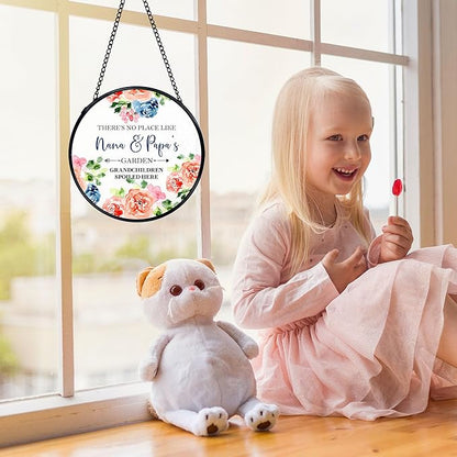 Patio Nana and Papa Gifts Suncatchers Stained Glass Window Hanging, Grandparents Gifts from Grandkids Sun Catchers Indoor Window, Grandma and Grandpa Gift, 7.9x7.9in