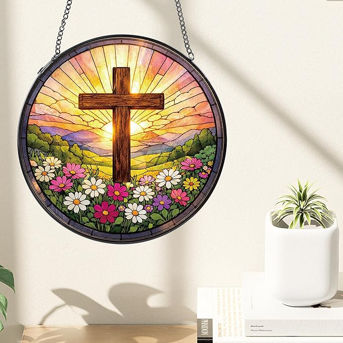 Stained Glass Window Hanging Suncatcher, 8" Round Religious Cross Sun Catcher, Decorative Glass Art for Home Garden, Faith Gift for Women Mom Grandma