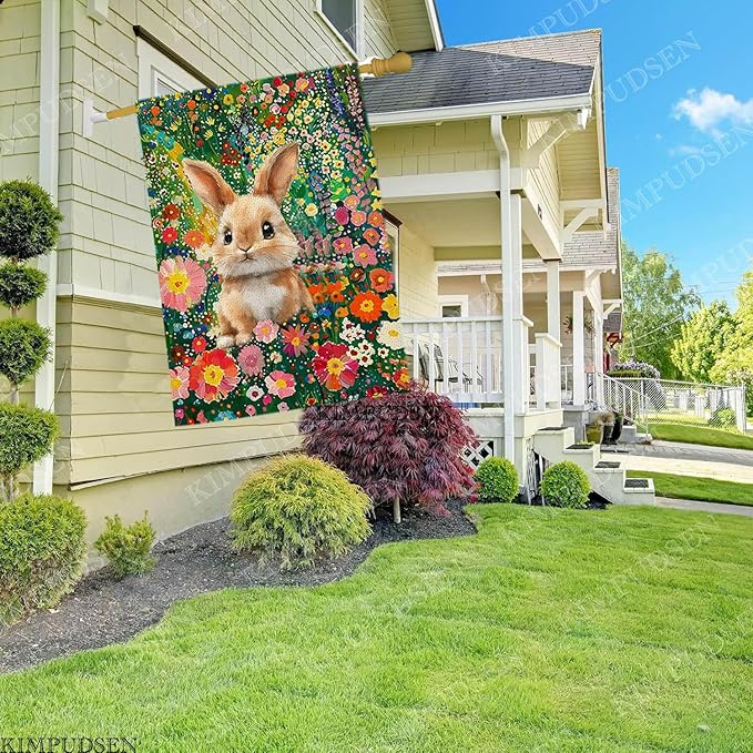 Easter Bunny House Flag 28x40 Double Sided, Colorful Floral Flowers Burlap Large Garden Yard Flag for Farmhouse Holiday Outside Spring Summer Decoration