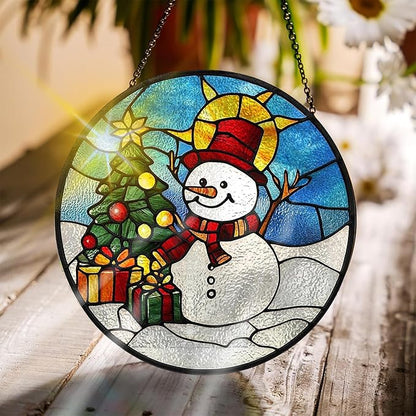 Bimkole Snowman Stained Glass Suncatcher Window Hanging - Christmas Tree Indoor Window or Doorway Decoration - Handmade Sun Catcher Decor for Garden Home Christmas & Birthday Gifts 7.87x7.87 Inch