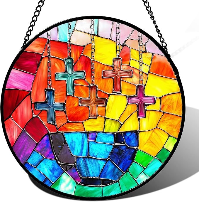 Stained Glass Window Hanging - Abstract Colorful Cross Sun Catcher for Door Terrace Garden Home Decor, Orange Red Suncatcher Birthday Gifts for Lovers Women Men Dad Mom Nana 9.8 in
