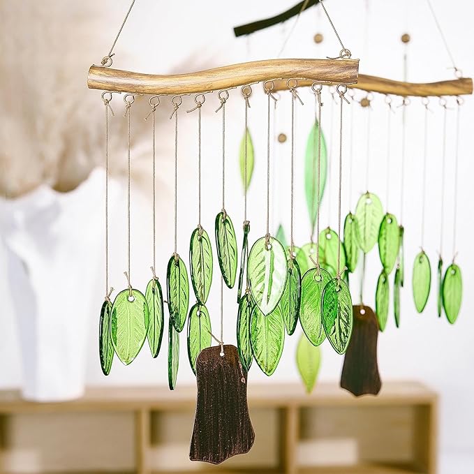 YU FENG Natural Green Leaf Glass Wind Chime, Handcrafted with Iron Wood-Look Hanging Bar, Metal Chime, Hanging Decor for Patio, Window & Garden