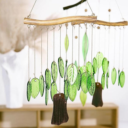 YU FENG Natural Green Leaf Glass Wind Chime, Handcrafted with Iron Wood-Look Hanging Bar, Metal Chime, Hanging Decor for Patio, Window & Garden