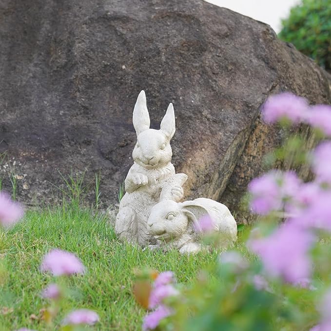 Garden-Statues - Easter Bunny Decor - Rabbit Figurine - Collectible Figurine - Spring 2 Nestled Bunny Sulpture Cream Rabbit for Easter Yard Framhouse Outdoor Décor 9*8.25*11.5 inch Newman House Studio