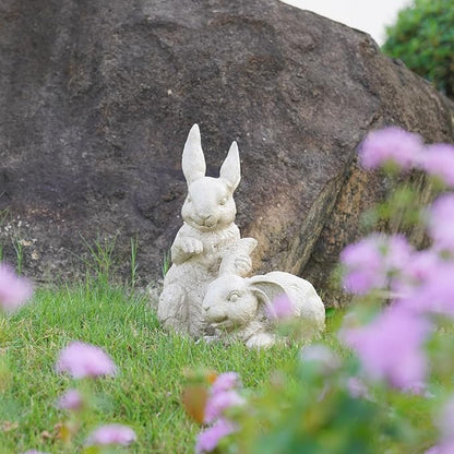 Garden-Statues - Easter Bunny Decor - Rabbit Figurine - Collectible Figurine - Spring 2 Nestled Bunny Sulpture Cream Rabbit for Easter Yard Framhouse Outdoor Décor 9*8.25*11.5 inch Newman House Studio