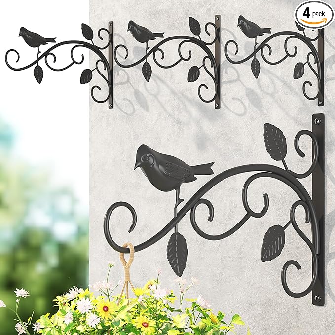 LASZOLA 4 Pack 12 Inch Hanging Plant Brackets, Heavy Duty Iron Wall Hooks with Decorative Bird and Leaf, Rust Proof Metal Outdoor Fence Hangers for Bird Feeders, Planters, Wind Chimes, Lanterns, Black