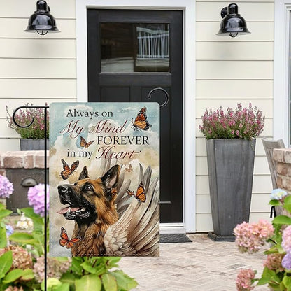 Dyrenson Memorial German Shepherd Dog Decorative Garden Flag, Always on My Mind Forever in My Heart Yard Outside Home Decoration, Pet Butterfly Cemetery Burlap Outdoor Small Decor Double Sided 12x18